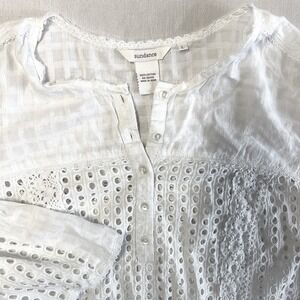 Sundance White Eyelet Women Top Sheer Henley 3/4 Sleeve Lace Buttons Large Boho